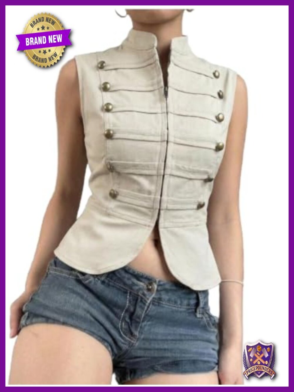 Women's Sleeveless Cropped Military Vest Mock Neck Y2K Gothic Button Zip